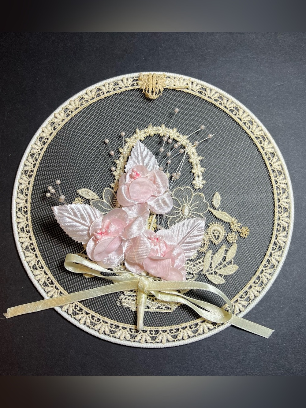 VTG Round European Swiss Lace Embroidery Floral Folk Art Flowers in Basket 8"
